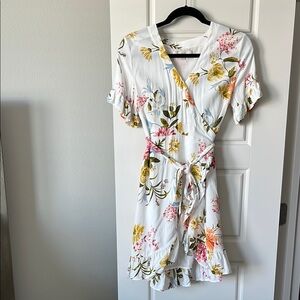 LOFT White and Pink V-Neck Flutter Sleeve Midi Dress